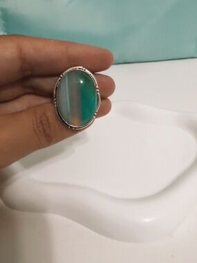 NEW Silver Oval Green Agate Statement Ring - Unbranded